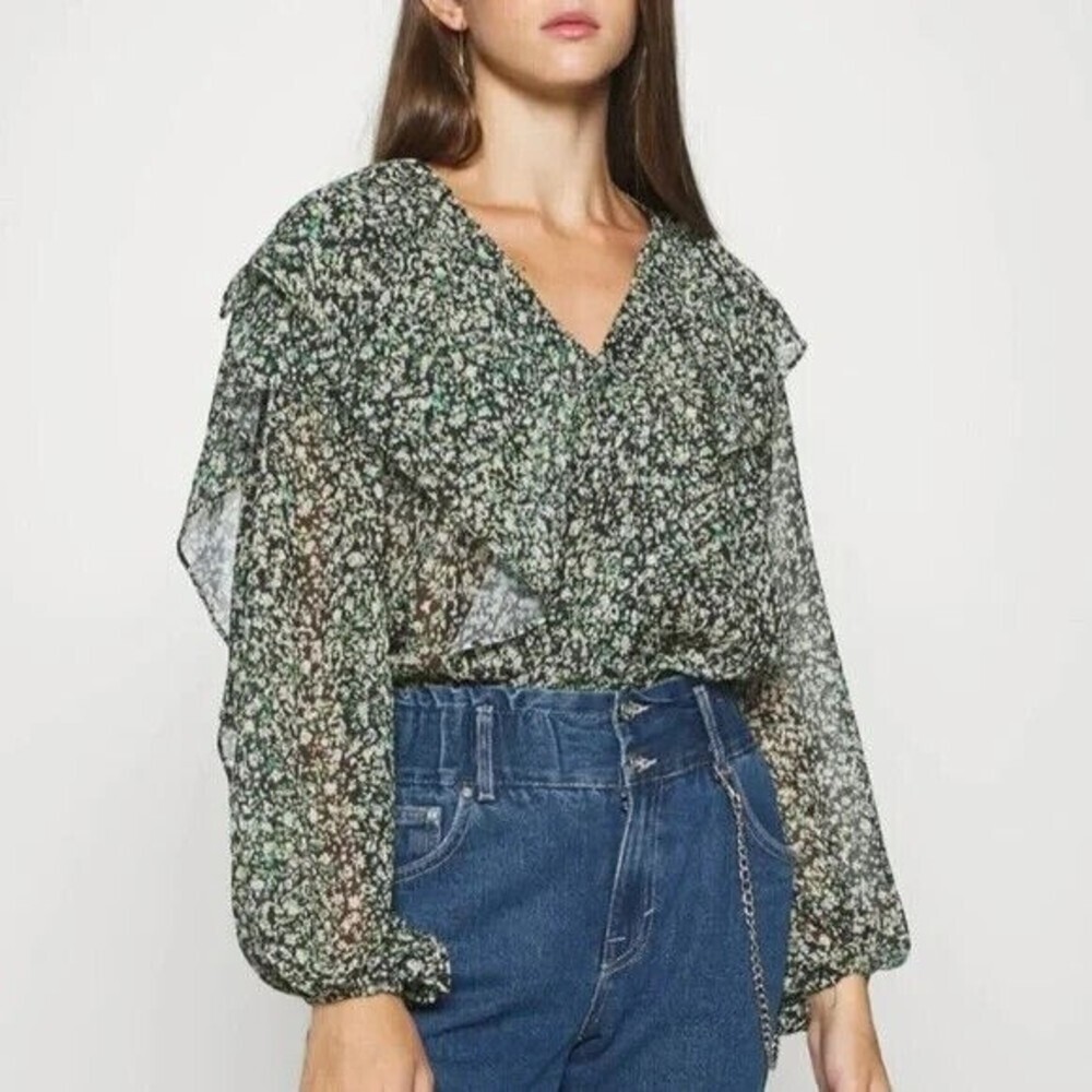 Topshop Women Green Floral Ruffle Long Sleeve Semi Sheer Blouse Top 6